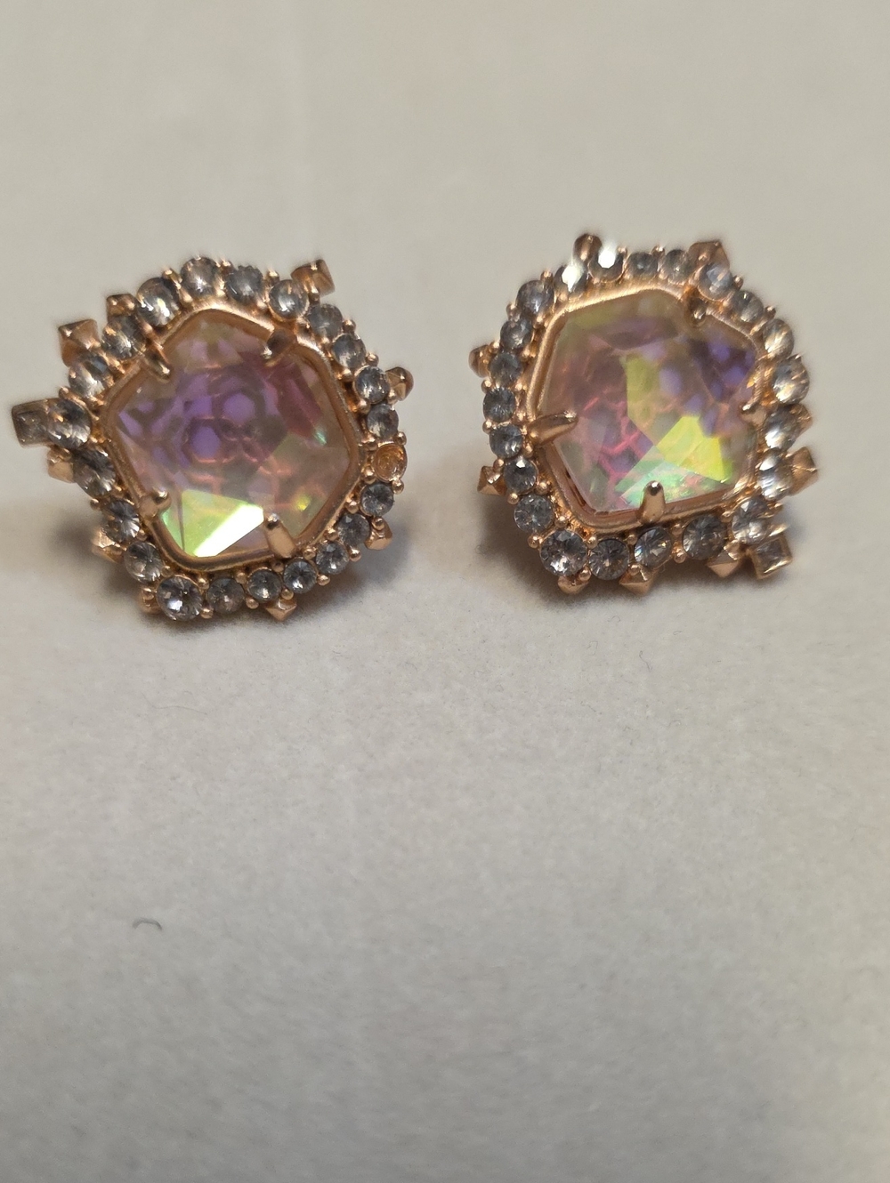 Kendra Scott Aria earrings in a rose gold finish with dichroic glass